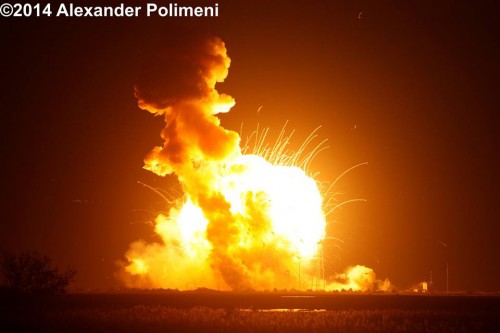 Antares exploding just seconds after liftoff Monday evening on Wallops Island, VA. Photo Credit: Alex Polimeni / AmericaSpace