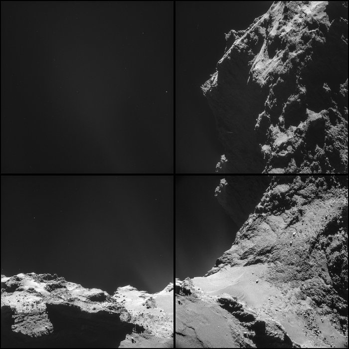 Four-image montage comprising images taken by Rosetta's navigation camera on 18 October from a distance of 9.8 km from the centre of Comet 67P/Churyumov-Gerasimenko (about 7.8 km from the surface).   Credits: ESA/Rosetta/NAVCAM