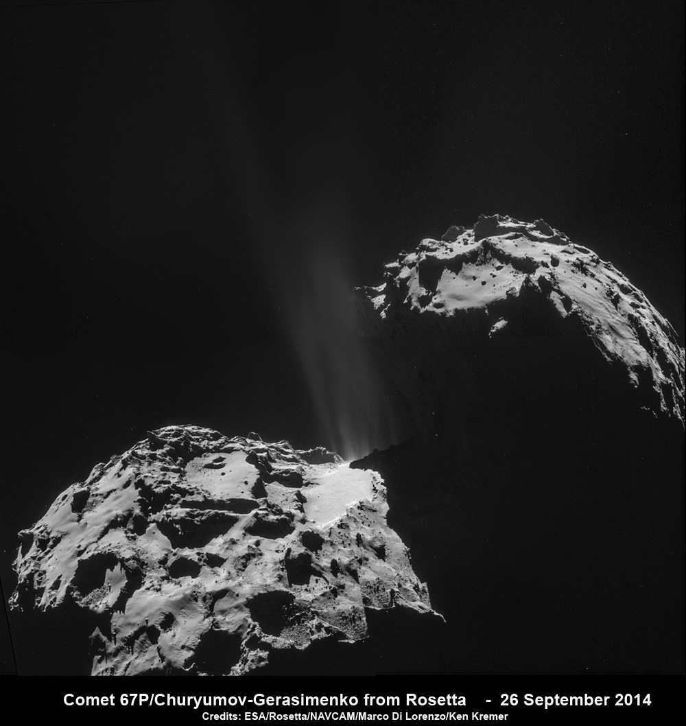 Jets are blasting from the active neck of comet 67P/Churyumov-Gerasimenko in this four-image photo mosaic comprising images taken on 26 September 2014 by the European Space Agency’s Rosetta spacecraft at a distance of 26.3 kilometers (16 miles) from the center of the comet. See the montage ot four individual navcam images below. Credit: ESA/Rosetta/NAVCAM/Marco Di Lorenzo/Ken Kremer – kenkremer.com