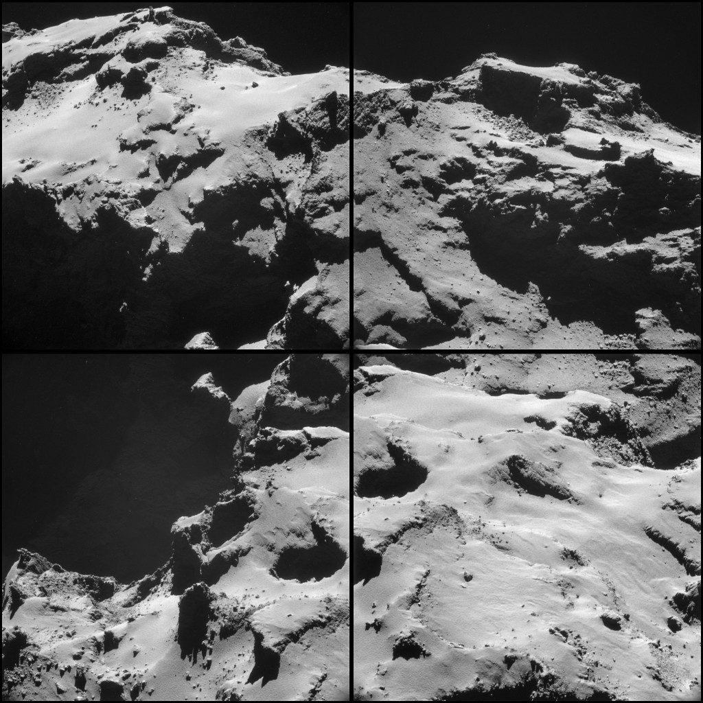 Four-image NAVCAM montage of Comet 67P/C-G on 15 October, from a distance of 9.9 km from the centre of the comet.  Credits: ESA/Rosetta/NAVCAM