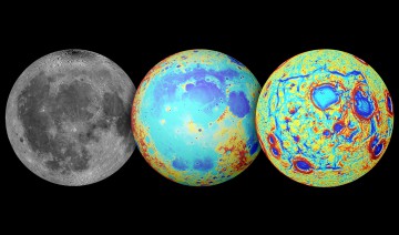 The Moon as observed in visible light (left), topography (center, where red is high and blue is low), and the GRAIL gravity gradients (right). The Oceanus Procellarum region is characterized by low topography covered in dark mare basalt. The gravity gradients reveal a giant rectangular pattern of structures surrounding the region. Image Credit: NASA/GSFC/JPL/Colorado School of Mines/MIT