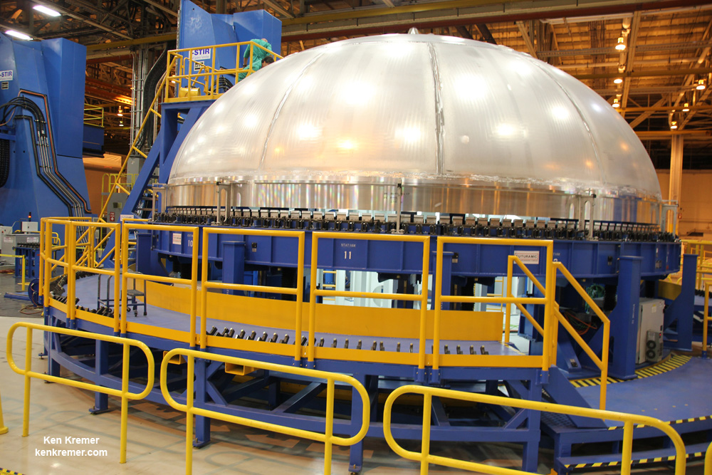 Up close view of cryogenic tank dome assembly welded at NASA’s Michoud Assembly Facility in New Orleans. Credit: Ken Kremer - kenkremer.com /AmericaSpace