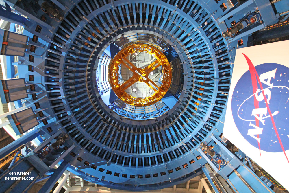 Looking up the loading shoot for SLS core stage barrels, domes and rings into the Vertical Assembly Center welder at NASA’s Michoud Assembly Facility in New Orleans. Credit: Ken Kremer - kenkremer.com /AmericaSpace