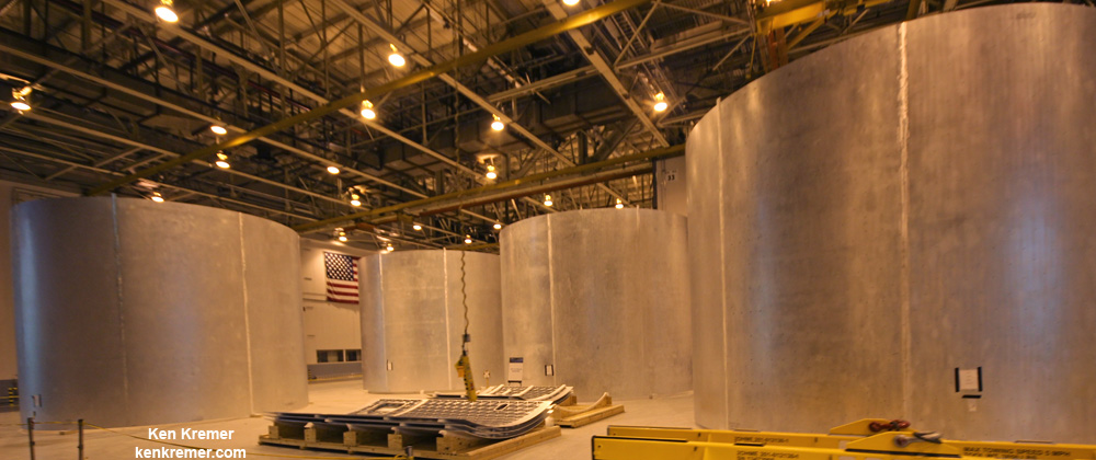 Four of the ten SLS core stage barrels that have been welded together from barrel panels by the Vertical Weld Center tool at NASA’s Michoud Assembly Facility in New Orleans, are shown here. Next stop is the Vertical Assembly Center to weld these barrels together with domes and rings into a complete core stage.  Credit: Ken Kremer - kenkremer.com /AmericaSpace