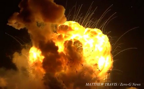 Antares exploding just seconds after liftoff Monday evening on Wallops Island, Va. Image Credit: Matthew Travis / www.ZeroGNews.com / ARES Institute
