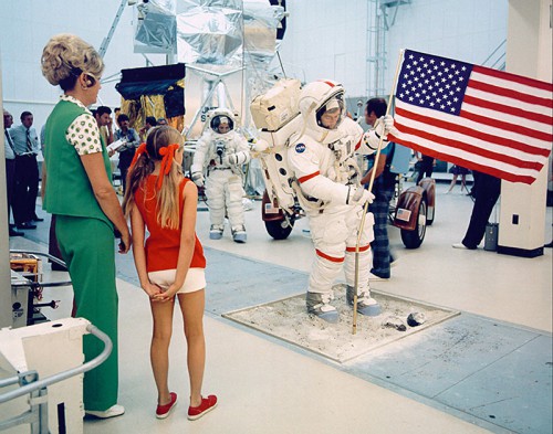 Barbara Cernan watches husband, Gene, "plant the flag" during training, flanked by their daughter Tracy. Cernan wrote the foreword to Marketing the Moon. Photo Credit: NASA (Provided by Richard Jurek)