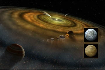 Artist's conception of the differentiated dust and gas disk surrounding Beta Pictoris. A giant gas planet similar to Beta Pictoris b (left) and a hypothetical inner terrestrial planet (center right) are depicted in the aftermath of their formation. The inset panels show two possible outcomes for mature terrestrial planets around Beta Pictoris. The top one is a water-rich planet similar to the Earth; the bottom one is a carbon-rich planet, with a smoggy, methane-rich atmosphere similar to that of Saturn's moon Titan. Image Credit: NASA/FUSE/Lynette Cook