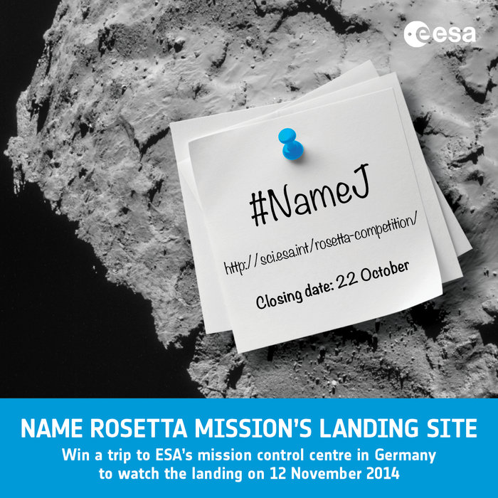 ESA and its Rosetta mission partners are inviting you to suggest a name for the site where lander Philae will touch down on Comet 67P/Churyumov-Gerasimenko on 12 November.  Credit: ESA