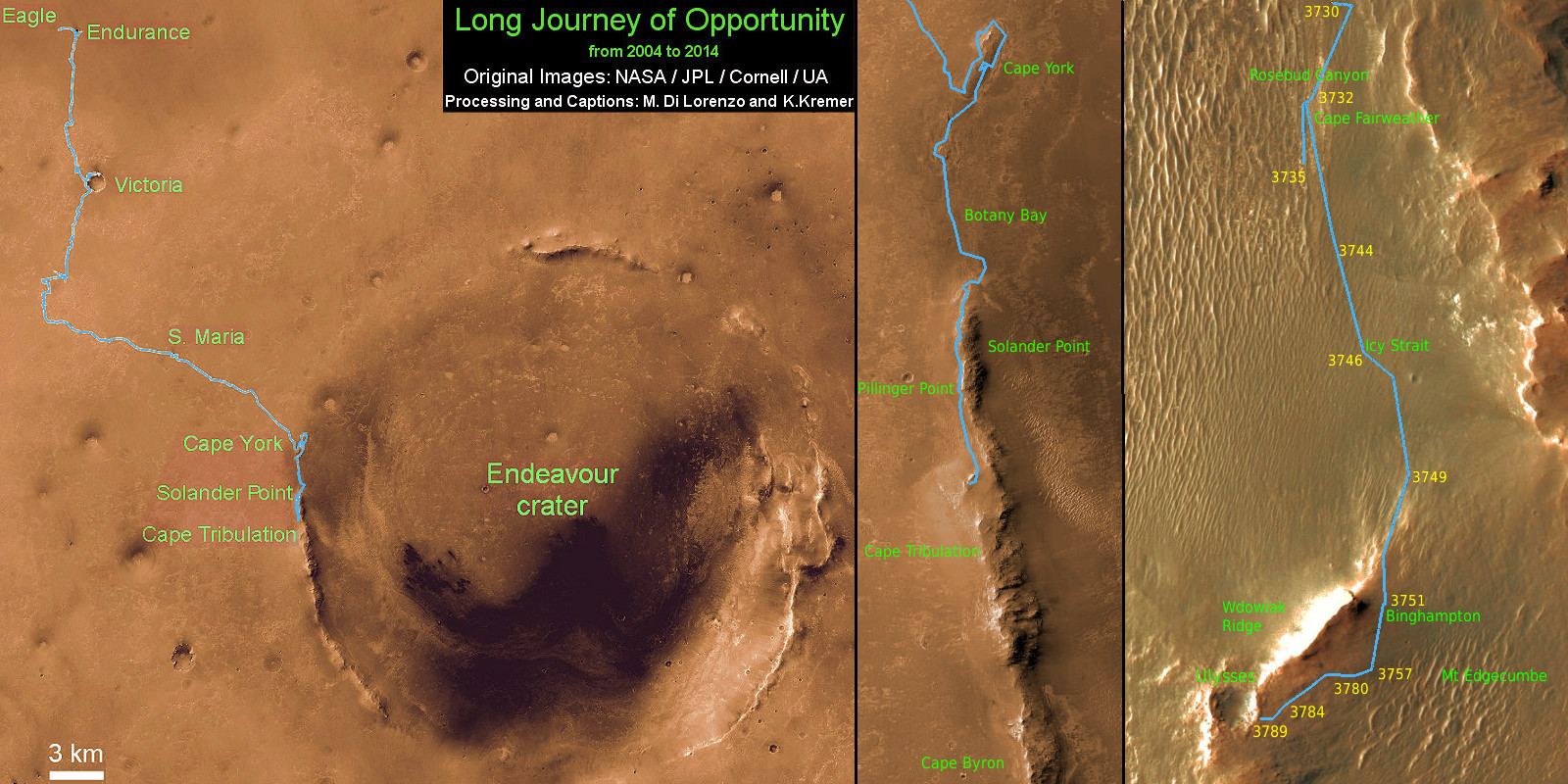 Traverse Map for NASA’s Opportunity rover from 2004 to 2014 – A Decade on Mars This map shows the entire path the rover has driven during a decade on Mars and over 3800 Sols, or Martian days, since landing inside Eagle Crater on Jan 24, 2004 to current location at Ulysses Crater at the western rim of Endeavour Crater and heading to clay minerals at Cape Tribulation. Opportunity discovered clay minerals at Esperance on Cape York– indicative of a habitable zone. Credit: NASA/JPL/Cornell/ASU/Marco Di Lorenzo/Ken Kremer - kenkremer.com 