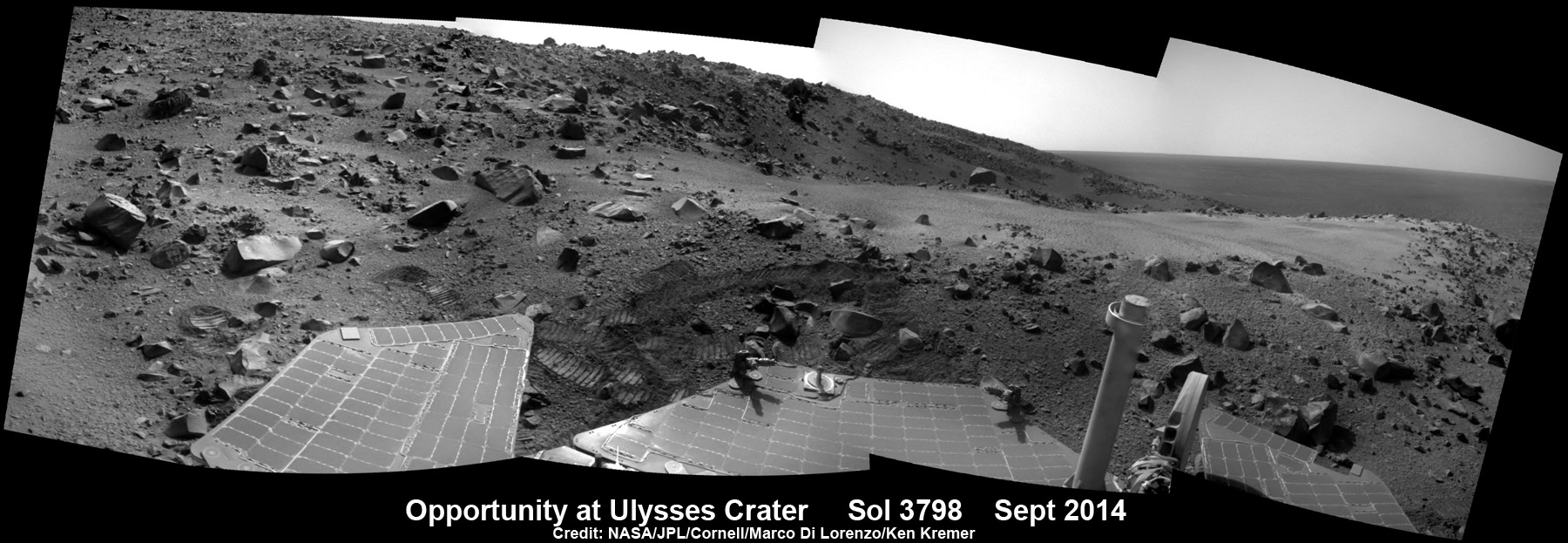 NASA’s Opportunity Mars rover moves closer to Ulysses crater for up close examination of the interior and surrounding ejecta rocks from her current location after ascending the slopes of the Endeavour crater rim segment.  This navcam camera photo mosaic was assembled from images taken on Sol 3798, Sept. 30, 2014.  Credit: NASA/JPL/Cornell/Marco Di Lorenzo/Ken Kremer - kenkremer.com