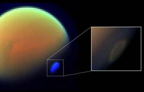 View from Cassini of the huge polar vortex cloud over Titan's south pole. Image Credit: NASA/JPL-Caltech/ASI/University of Arizona/SSI/Leiden Observatory and SRON
