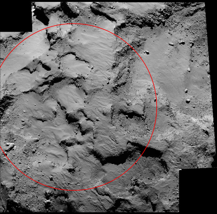 Philae's primary landing site from 30 km. Close-up of the region containing Philae’s primary landing site J, which is located on the ‘head’ of Comet 67P/Churyumov–Gerasimenko. The mosaic comprises two images taken by Rosetta’s OSIRIS narrow-angle camera on 14 September 2014 from a distance of about 30 km. The image scale is 0.5 m/pixel. The circle is centred on the landing site and is approximately 500 m in diameter. Credits: ESA/Rosetta/MPS for OSIRIS Team MPS/UPD/LAM/IAA/SSO/INTA/UPM/DASP/IDA