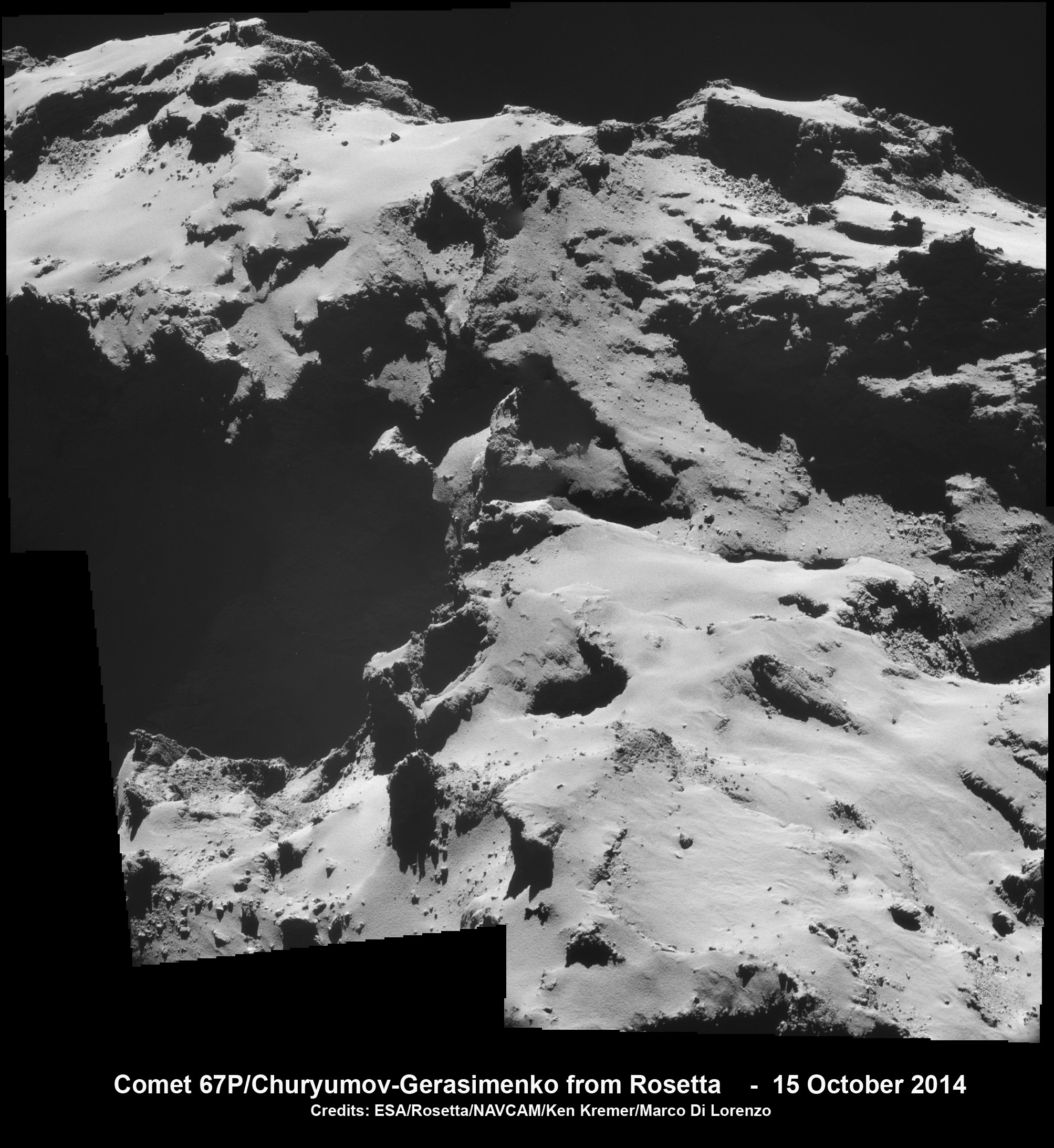Four-image NAVCAM photo mosaic of Comet 67P/C-G taken on 15 October 2014, from a distance of 9.9 km from the centre of the comet, showing a portion of its ‘head’ lobe.  Credits: ESA/Rosetta/NAVCAM/Ken Kremer -kenkremer.com/Marco Di Lorenzo