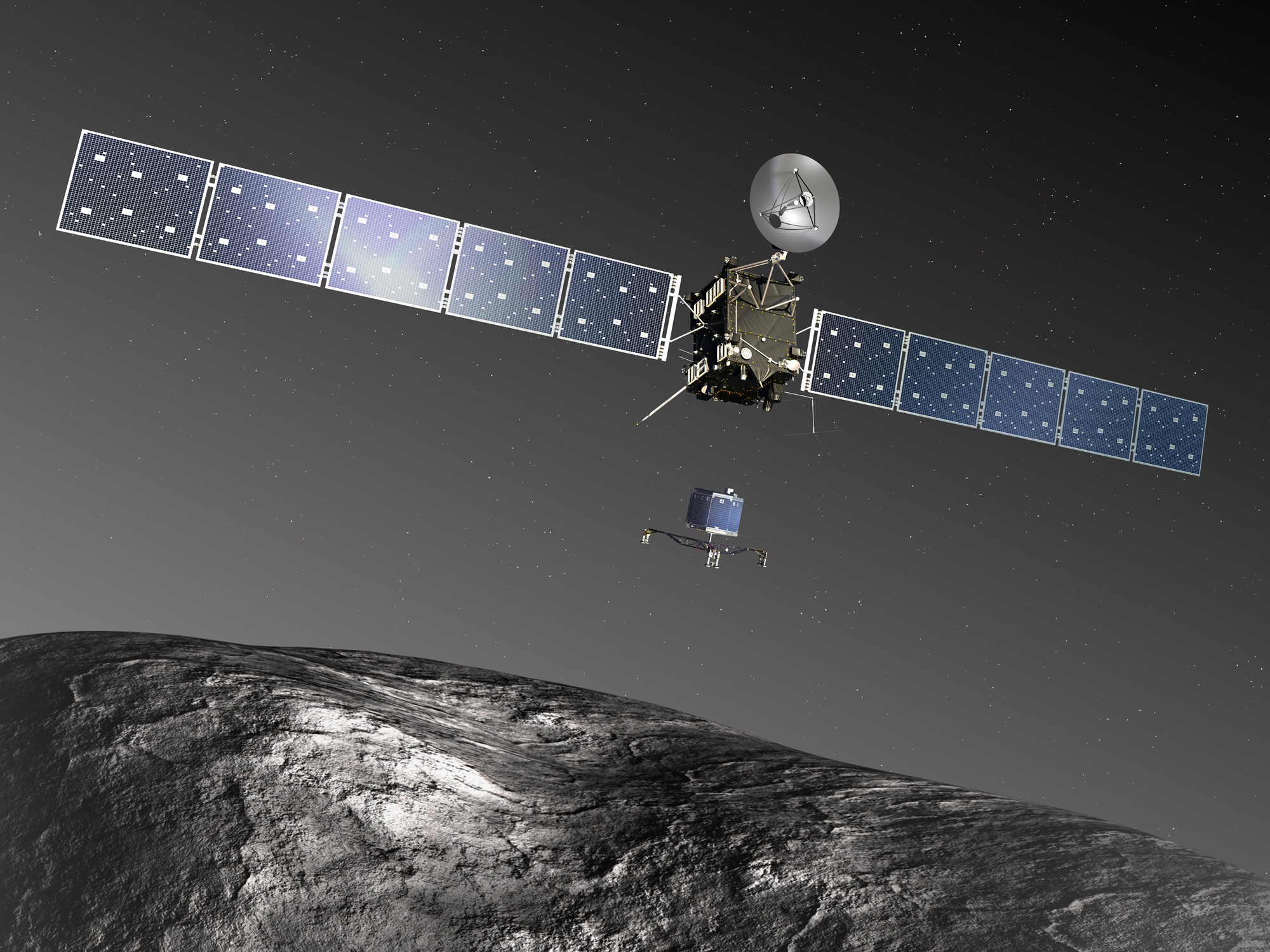 Rosetta and Philae at comet 67P. Credit: ESA–C. Carreau/ATG medialab