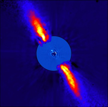 This composite image represents the close environment of Beta Pictoris as seen in near infrared light. The outer part of the image shows the reflected light on the dust disc, as observed with the near-infrared ADONIS adaptive optics system on ESO's 3.6 m telescope; the innermost part of the system, was imaged with the NaCo adaptive optics system on the Very Large Telescope. Image Credit: ESO/A.-M. Lagrange et al.