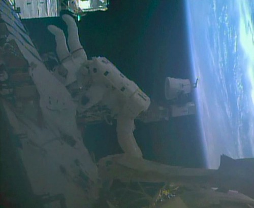 Despite difficulties with the torqueing of bolts, EVA-28 ran smoothly and all assigned tasks were successfully completed. Photo Credit: NASA