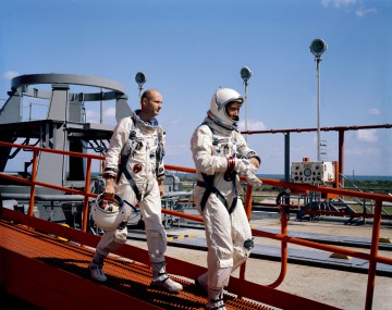 Gemini VI astronauts Tom Stafford and Wally Schirra head to Pad 19 before their ill-fated attempt to launch on 25 October 1965. Seven weeks later, they would succumb to a harrowing pad abort, before finally launching on 15 December. Photo Credit: NASA