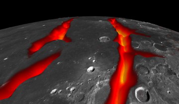 A view of the Moon looking south across Oceanus Procellarum, representing how the western border structures may have looked while active. The gravity anomalies along the border structures are interpreted as ancient, solidified, lava-flooded rifts that are now buried beneath the surface of the dark volcanic plains, or maria, on the near side of the Moon. Image Credit: NASA/Colorado School of Mines/MIT/JPL/GSFC