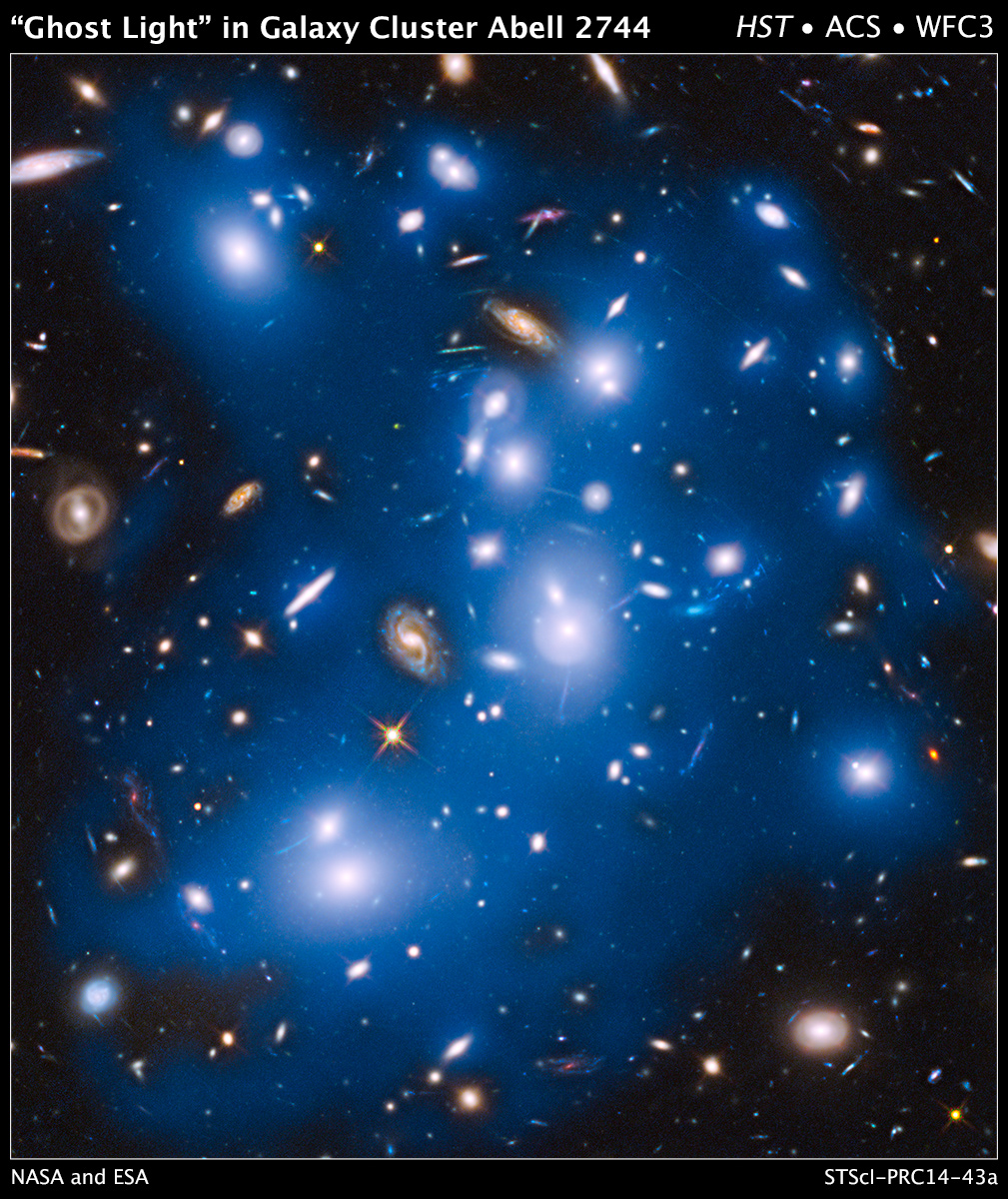 The massive galaxy cluster Abell 2744 takes on a ghostly look in this view by the Hubble Space Telescope, where the total starlight from the cluster has been artificially colored blue. This reveals that not all the starlight is contained within the galaxies, which appear as bright blue-white blobs in the image. A fraction of the starlight is dispersed throughout the cluster, as seen in the darker blue regions. The source of this so-called 'intracluster light', were rogue stars which were ejected from their host galaxies when the latter were destroyed in past cataclysmic collisions within the cluster.  NASA, ESA, M. Montes (IAC), and J. Lotz, M. Mountain, A. Koekemoer, and the HFF Team (STScI)