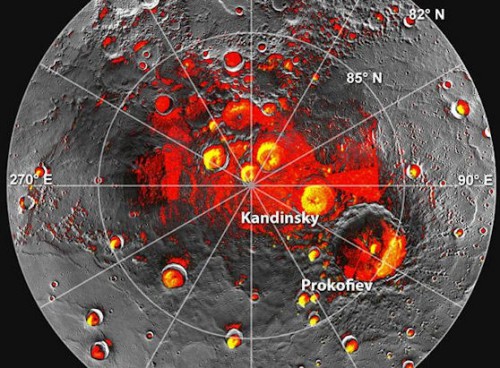 Map of Mercury's north pole showing areas always in shadow (red) with "bright polar deposits" (ice) in yellow. Image Credit: Image Credit: NASA/Johns Hopkins University Applied Physics Laboratory/Carnegie Institution of Washington/National Astronomy and Ionosphere Center, Arecibo Observatory
