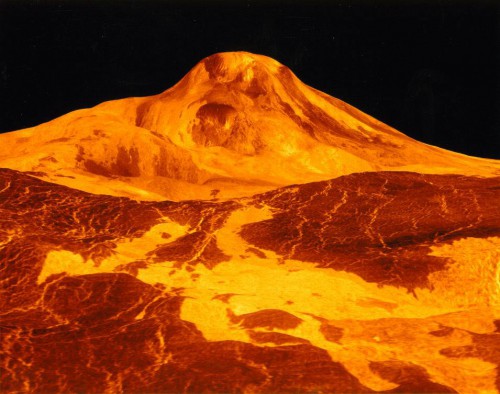 Computer-generated view from Magellan data of Maat Mons on Venus. Image Credit: NASA/JPL