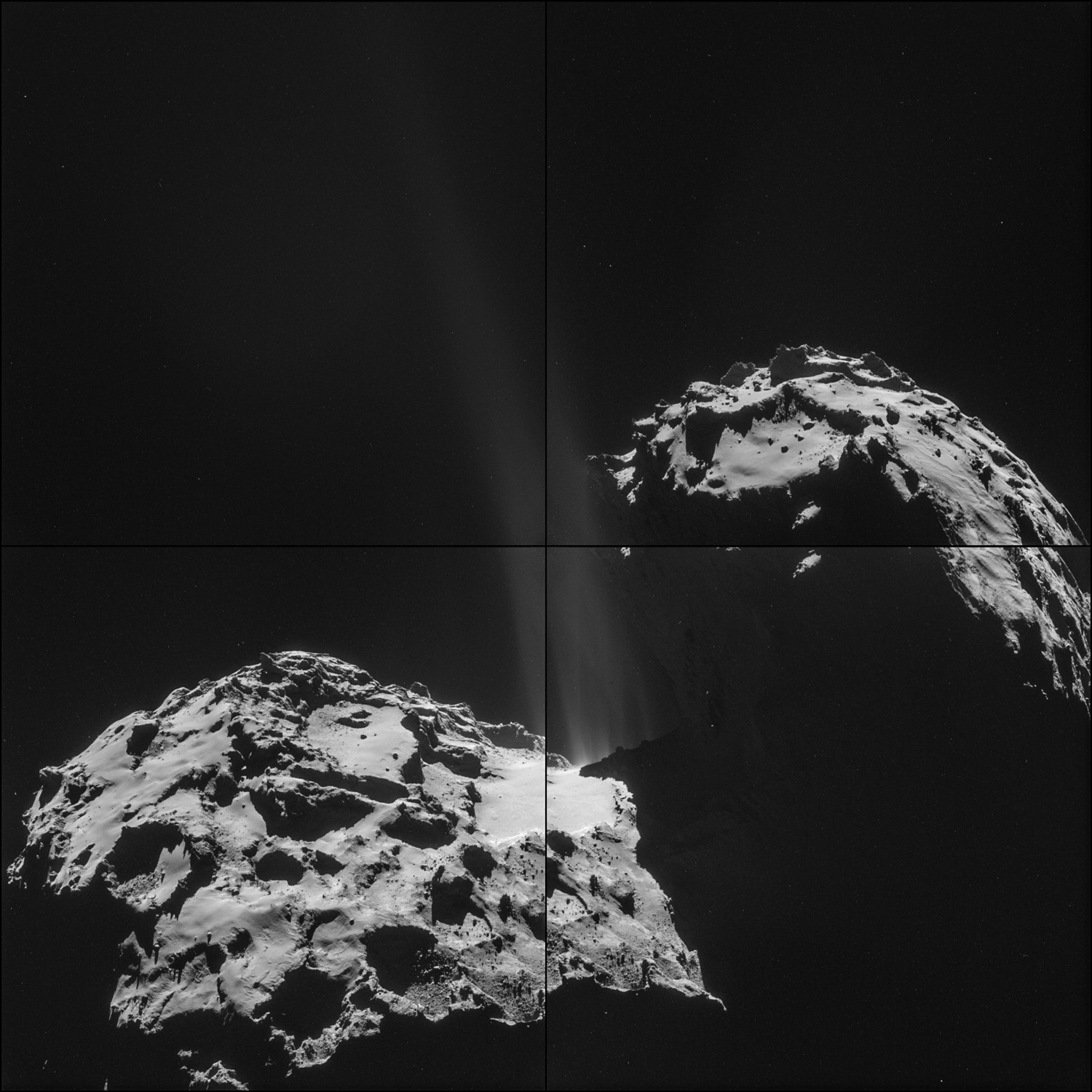 Four image montage of comet 67P/Churyumov-Gerasimenko taken by Rosetta on 26 September 2014 from a distance of 26.3 km  (16 mi)  from the center of the comet.   Credit: ESA/Rosetta/NAVCAM