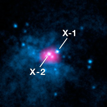 The core of galaxy as imaged by NuSTAR, showing the newly-found pulsar M82 X-2 (left) and the neighboring M82 X-1 (right) which is believed to harbor an intermediate-mass black hole. Both X-ray sources display a similar energy output despite their entirely different origin. Image Credit: NASA/JPL-Caltech/SAO