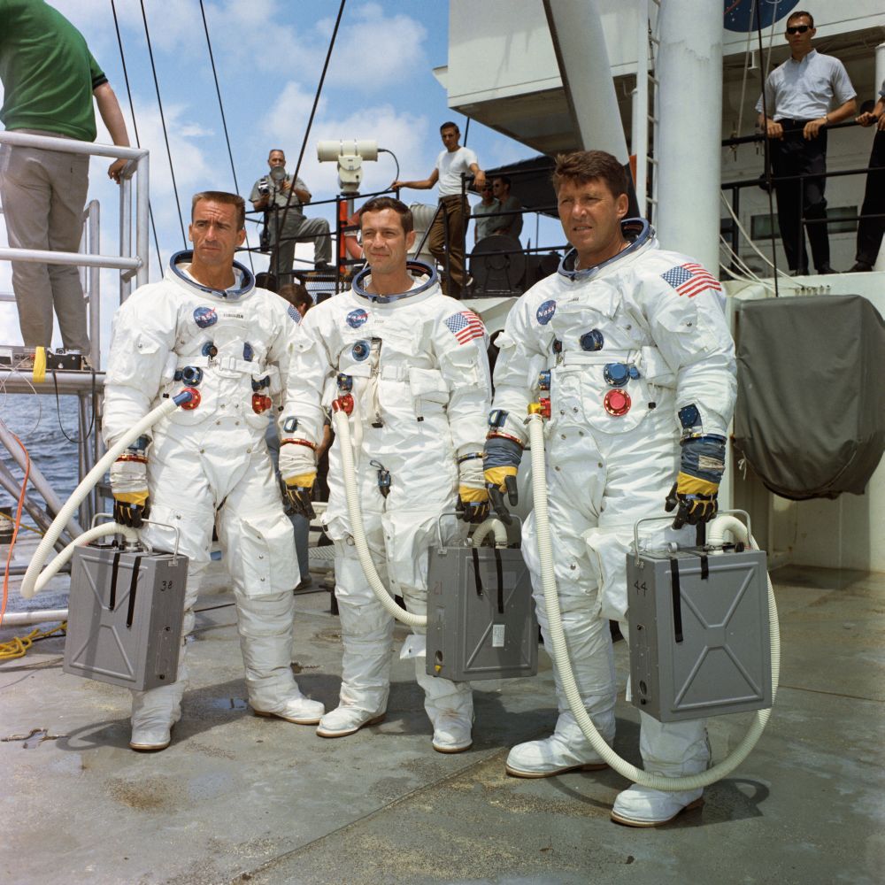 From NASA's Human Spaceflight Gallery: "The prime crew of the first manned Apollo space mission, Apollo 7, stands on the deck of the NASA Motor Vessel Retriever after suiting up for water egress training in the Gulf of Mexico. Left to right, are astronauts Walter Cunningham, Donn F. Eisele, and Walter M. Schirra, Jr." Photo Credit: NASA