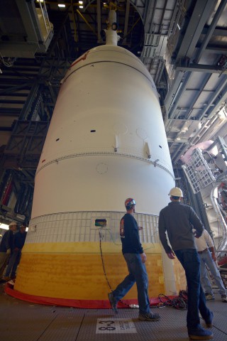 Orion attached to the top of ULA's mammoth Delta-IV Heavy rocket for the EFT-1 launch. Photo: NASA