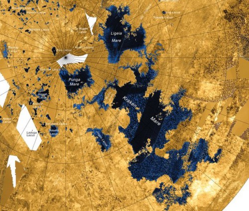 Radar map of Titan's north polar region, showing Kraken Mare, Ligeia Mare and Punga Mare. Image Credit: NASA/JPL-Caltech