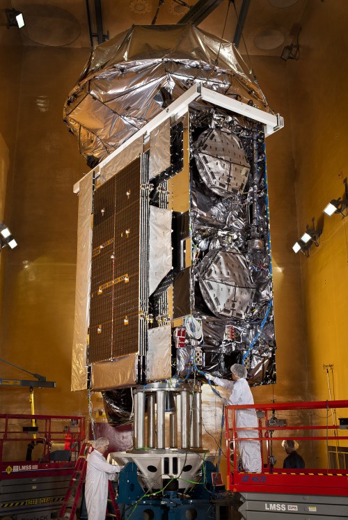 Lockheed engineers prepare MUOS-3 for acoustic testing, one of several simulated environmental tests to validate the satellite’s performance throughout its launch and on-orbit mission life. Photo Credit: Lockheed Martin