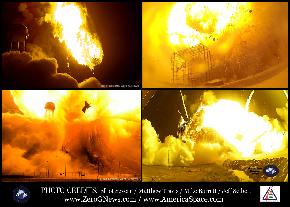 Remote cameras set up around launch pad 0A at the Mid-Atlantic Regional Spaceport at NASA's Wallops Flight Facility in Virginia captured incredible up-close views of an Orbital Sciences' Corporation rocket exploding seconds after liftoff several weeks ago. The mission was to deliver the company's Cygnus spacecraft to deliver supplies and experiments to the orbiting International Space Station. Photo Credits: Elliot Severn / Matthew Travis / Mike Barrett / Jeff Seibert for Zero-G News and AmericaSpace