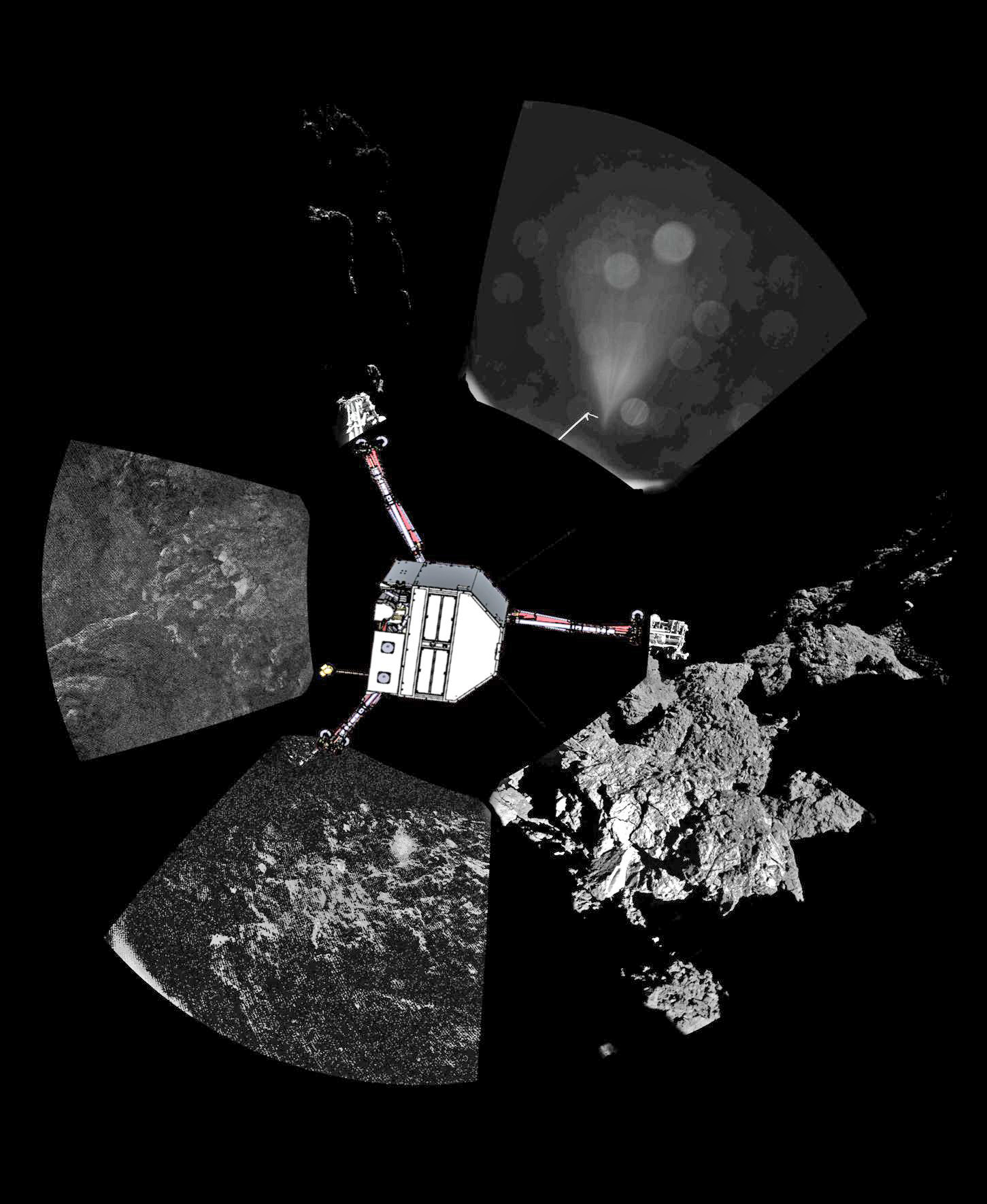 Rosetta’s lander Philae has returned the first panoramic image from the surface of a comet. The view as it has been captured by the CIVA-P imaging system, shows a 360º view around the point of final touchdown. The three feet of Philae’s landing gear can be seen in some of the frames.  Superimposed on top of the image is a sketch of the Philae lander in the configuration the lander team currently believe it is in.  The view has been processed to show further details.   Credit: ESA/Rosetta/Philae/CIVA. Post processing: Ken Kremer/Marco Di Lorenzo