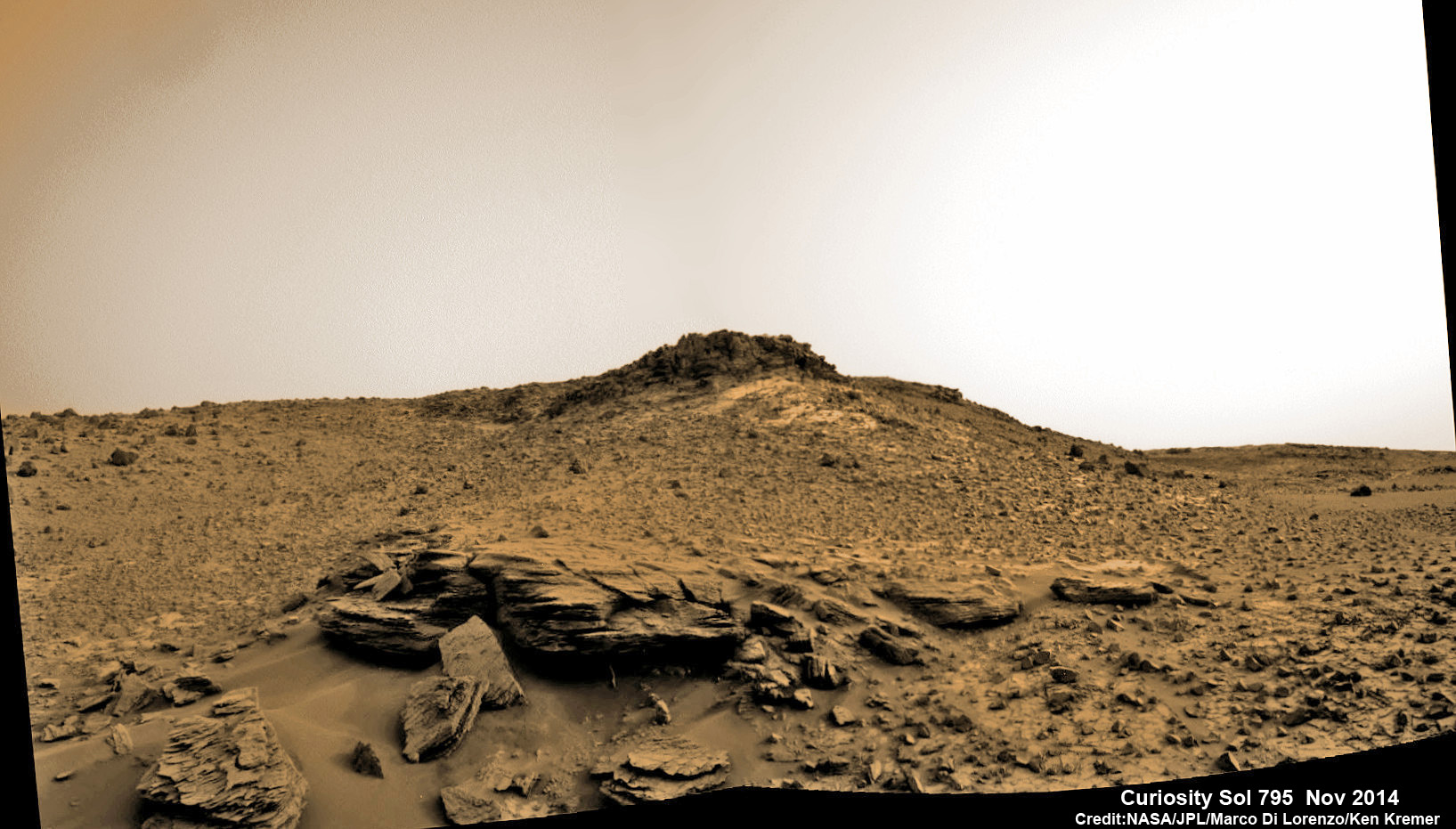 NASA’s Curiosity rover scans around the Pahrump Hills outcrop at the base of Mount Sharp in this photo mosaic stitched from raw images taken on Sol 795, October 31, 2014.    Credit: NASA/JPL/Marco Di Lorenzo/Ken Kremer-kenkremer.com