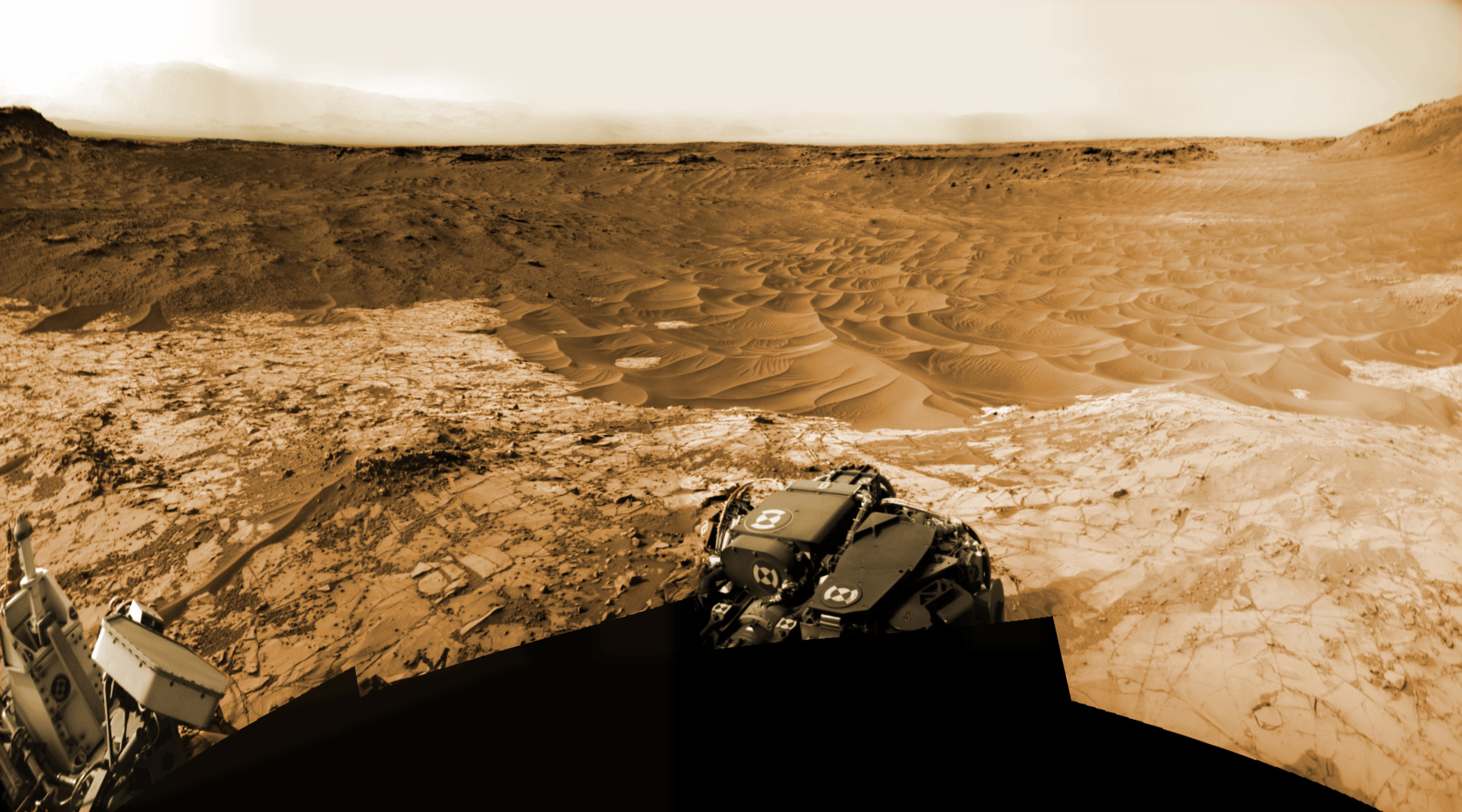 Sandy rippled terrain near the Pahrump Hills in this navcam camera photo mosaic taken on Sol 785.  Credit: NASA/JPL/MSSS/Marco Di Lorenzo/Ken Kremer-kenkremer.com