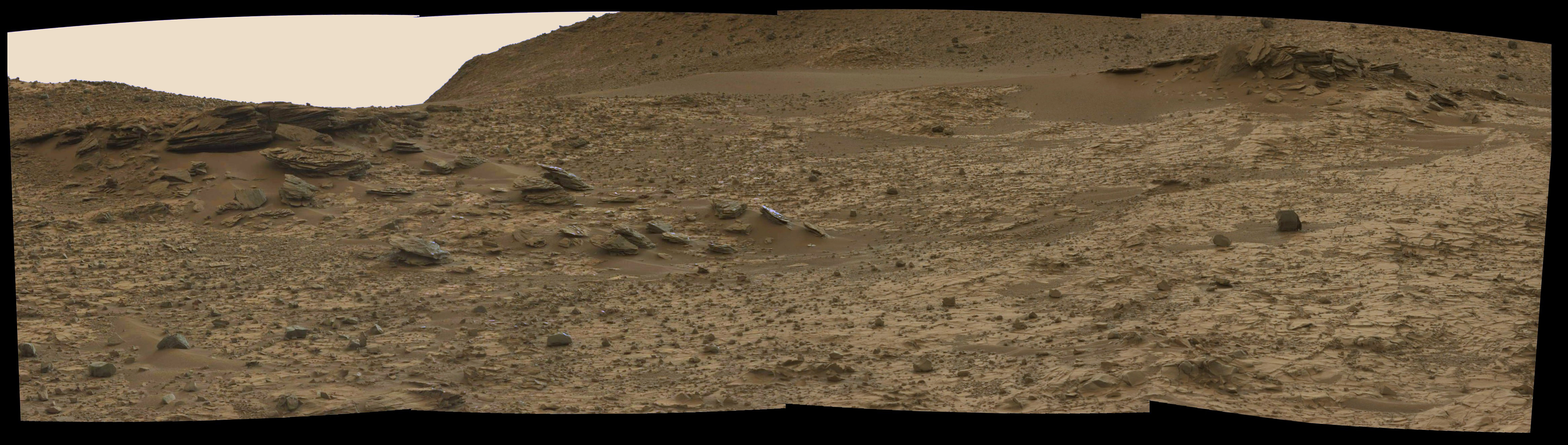 Beautiful layering in rock outcrops at the Pahrump Hills in this photo mosaic taken on Sol 792.  Credit: NASA/JPL/MSSS/Marco Di Lorenzo/Ken Kremer-kenkremer.com