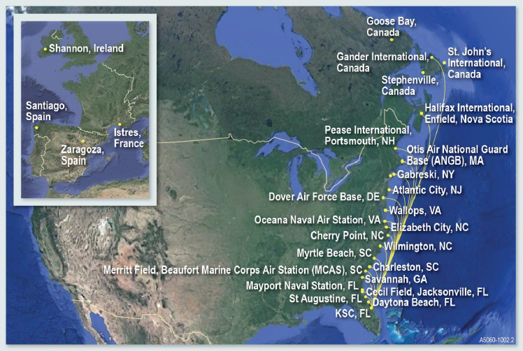 Dream Chaser's abort sites along its Atlas-V ISS ascent flight path. With a cross range of 1,100 nmi the vehicle is capable of landing at any of the identified runways during ascent, thus representing a significant benefit for crew, payload, and vehicle safety. Image Credit: SNC