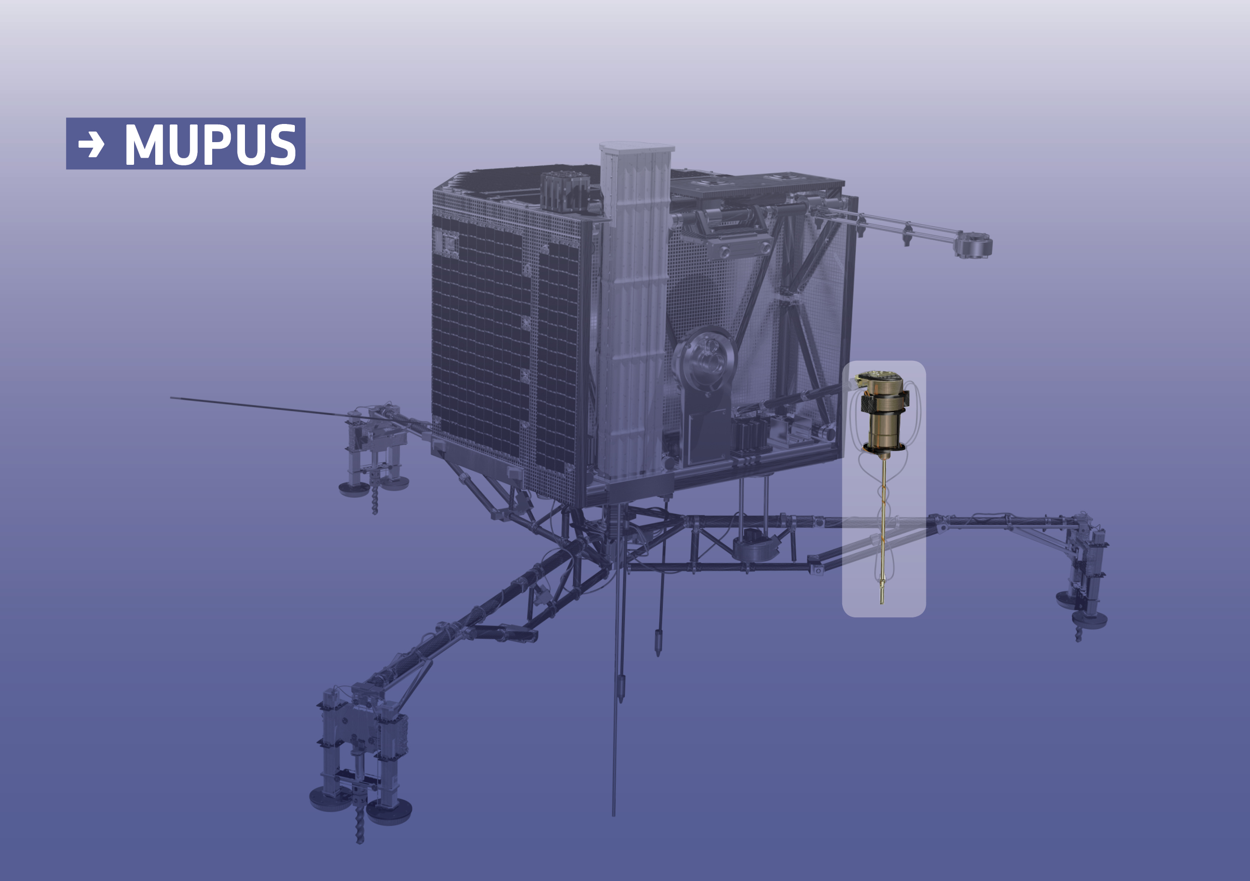Focus on Philae landers MUPUS instrument drilling into surface. Credits: ESA/ATG medialab