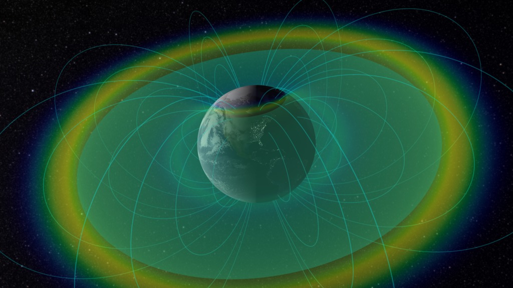 A visualization of the Earth's radiation belts, based on data that were gathered by NASA's twin Van Hallen probes. The Earth is seen to be surrounded by the plasmapause (blue-green area) and the two main radiation belts further out (multi-color area). The boundary between the plasmapause and the inner edge of the outer belt form a boundary that blocks the highest-energy electrons inside the outer belt from reaching the Earth's surface. Image Credit: Image Credit:  NASA/Goddard/Scientific Visualization Studio