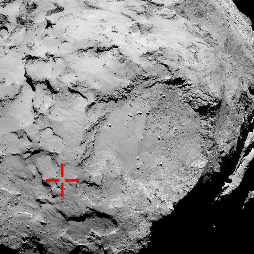 First touchdown. This image from Rosetta’s OSIRIS narrow-angle camera is marked to show the location of the first touchdown point of the Philae lander. It is thought that Philae bounced twice before settling on the surface of Comet 67P/Churyumov-Gerasimenko. Credit: ESA/Rosetta/MPS for OSIRIS Team MPS/UPD/LAM/IAA/SSO/INTA/UPM/DASP/IDA