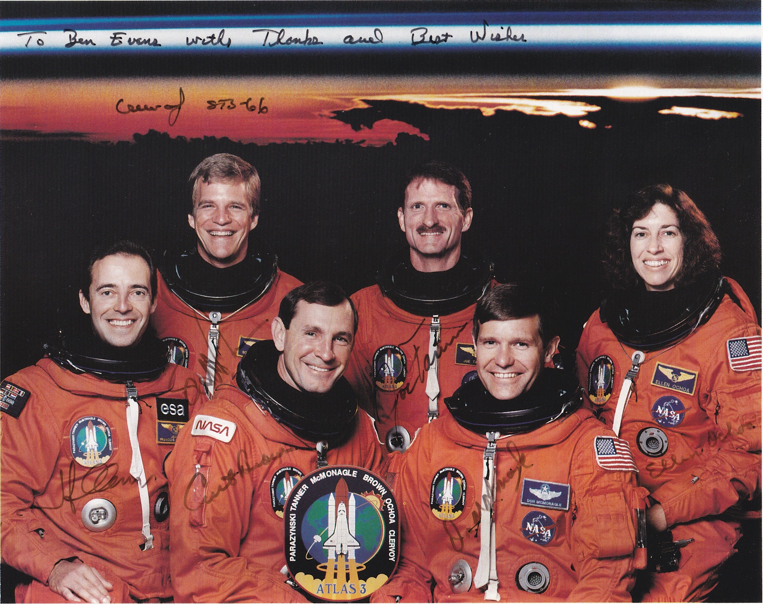 STS-66 signed crew portrait, sent to the author by Commander Don McMonagle (seated at right). He was joined on the crew by (from left) Jean-Francois Clervoy, Scott Parazynski, Curt Brown, Joe Tanner and Ellen Ochoa. Photo Credit: NASA/Ben Evans personal collection 