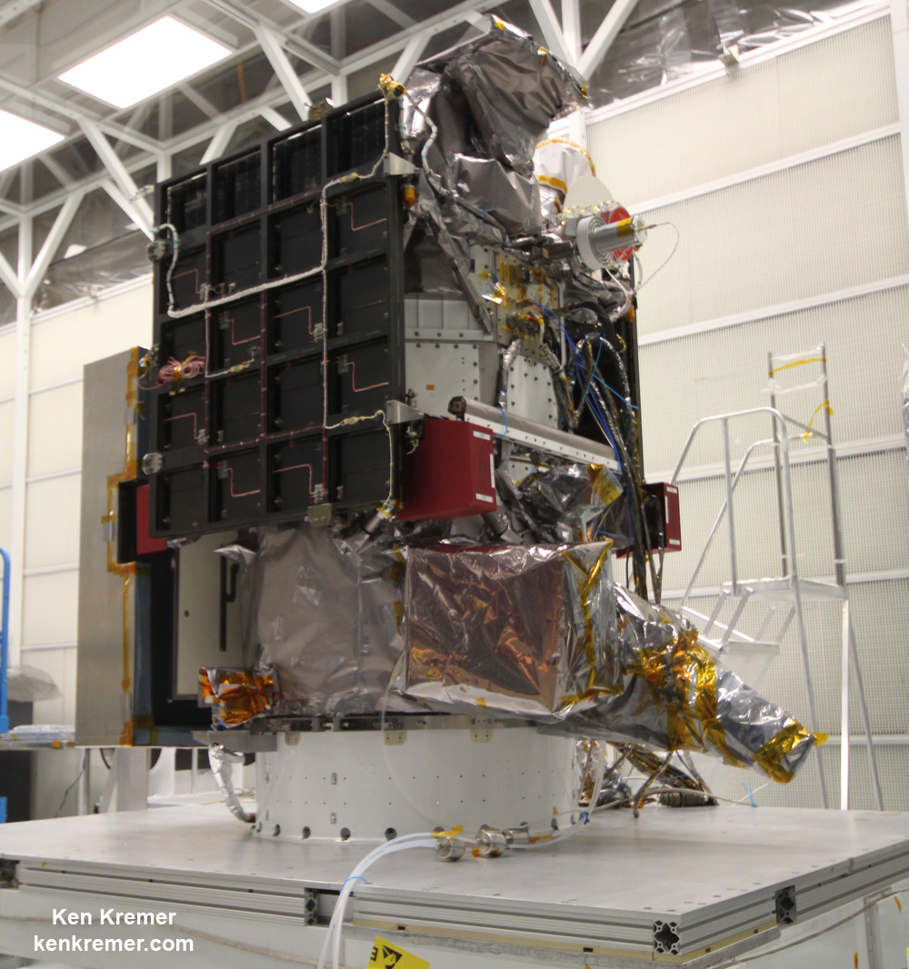 NOAA/NASA Deep Space Climate Observatory (DSCOVR) undergoes final processing in NASA Goddard Space Flight Center clean room in November 2014. Solar wind instruments at right.  DSCOVR will launch in January 2015 atop SpaceX Falcon 9 rocket.  Credit: Ken Kremer - kenkremer.com