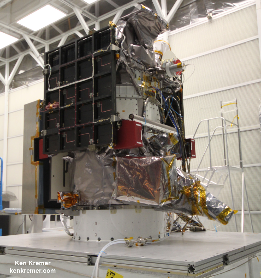 NOAA/NASA Deep Space Climate Observatory (DSCOVR) undergoes final processing in NASA Goddard Space Flight Center clean room in November 2014. Solar wind instruments at right. Credit: Ken Kremer - kenkremer.com