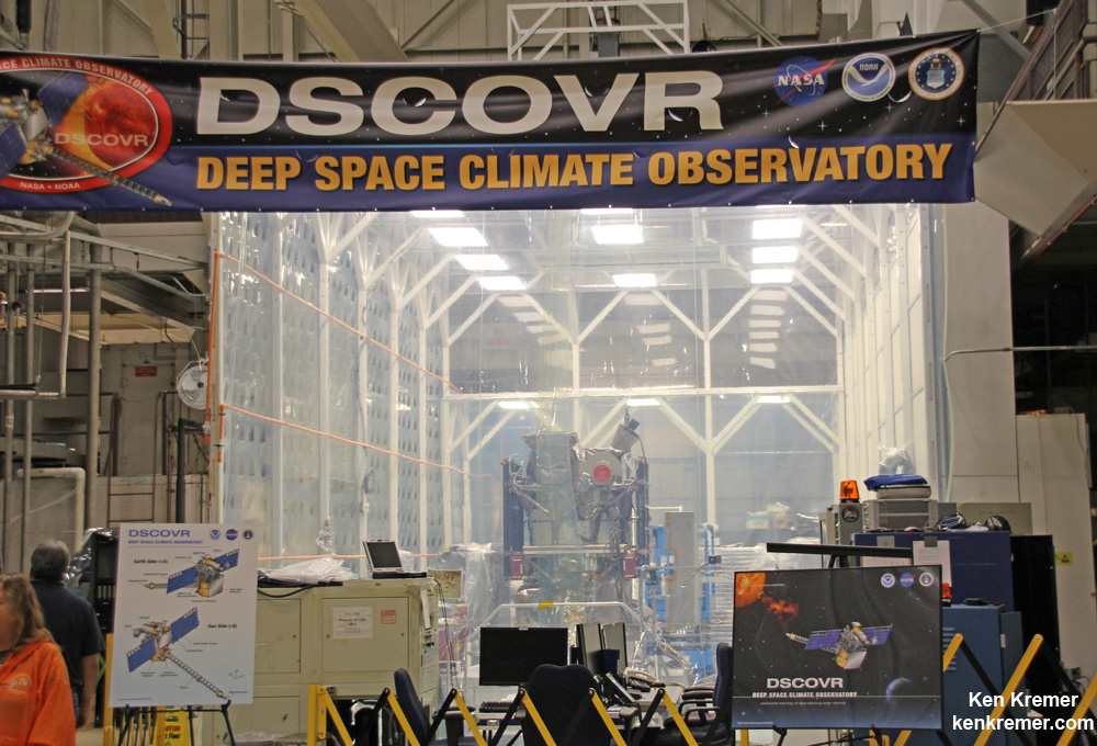 NOAA/NASA Deep Space Climate Observatory (DSCOVR) undergoes final processing in NASA Goddard Space Flight Center clean room in November 2014. Probe will launch in January 2015 atop SpaceX Falcon 9 rocket.  Credit: Ken Kremer - kenkremer.com
