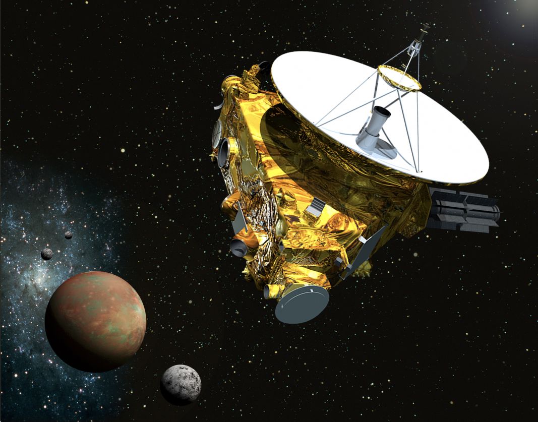Artist’s impression of NASA’s New Horizons spacecraft approaching Pluto and its system of moons. New Horizons is getting ready to emerge from its electronic hibernation on December 6, in order to begin its final preparations for the start of the Pluto encounter operations in January 2015. Image Credit: Johns Hopkins University Applied Physics Laboratory/Southwest Research Institute (JHUAPL/SwRI)