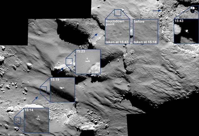OSIRIS spots Philae drifting across the comet. These incredible images show the breathtaking journey of Rosetta’s Philae lander as it approached and then rebounded from its first touchdown on Comet 67P/Churyumov–Gerasimenko on 12 November 2014.  Credit: ESA/Rosetta/MPS for OSIRIS Team MPS/UPD/LAM/IAA/SSO/INTA/UPM/DASP/IDA