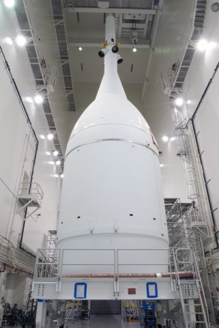 The 72-foot tall, 48,000 pound Orion inside the Launch Abort System Facility at NASA's Kennedy Space Center in Florida, waiting to roll out to nearby Launch Complex 37 for its Dec. 4 sunrise liftoff on the EFT-1 mission. Photo: Lockheed Martin