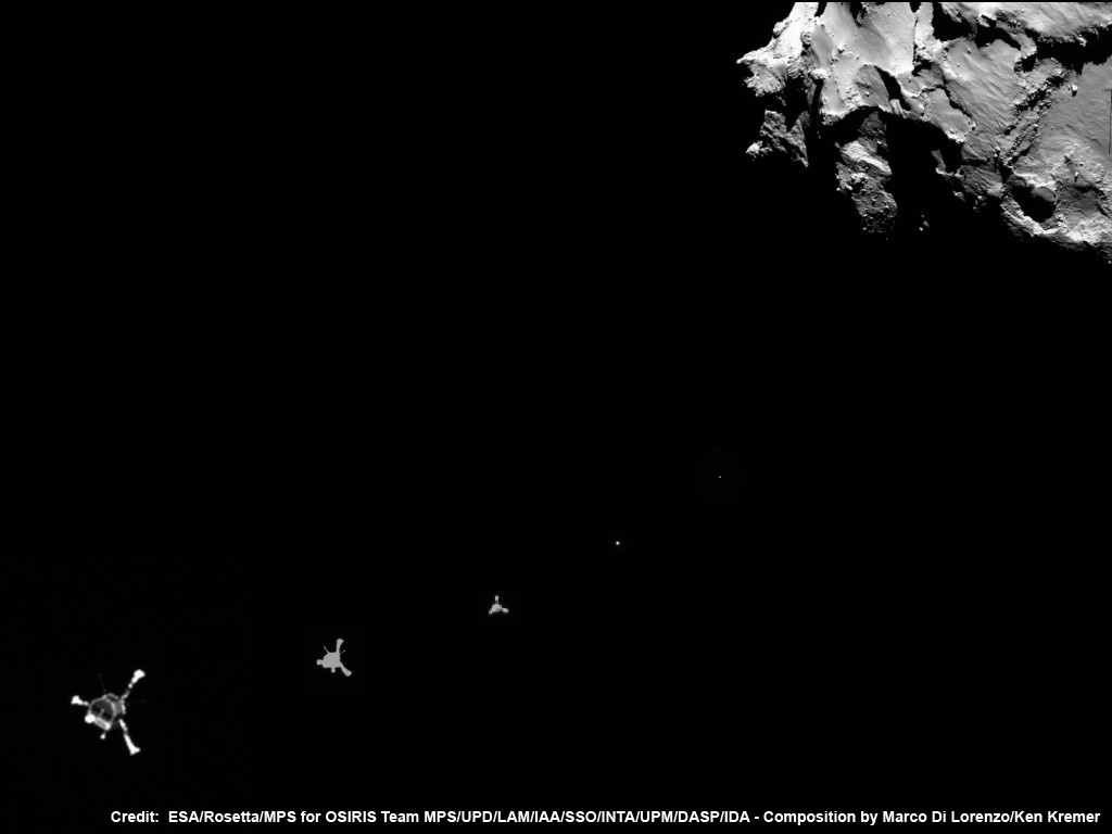ESA Philae lander approaches comet 67P/Churyumov–Gerasimenko on 12 November 2014 as imaged from Rosetta orbiter after deployment and during seven hour long approach for 1st ever  touchdown on a comets surface.  Credit:  ESA/Rosetta/MPS for OSIRIS Team MPS/UPD/LAM/IAA/SSO/INTA/UPM/DASP/IDA - Composition by Marco Di Lorenzo/Ken Kremer