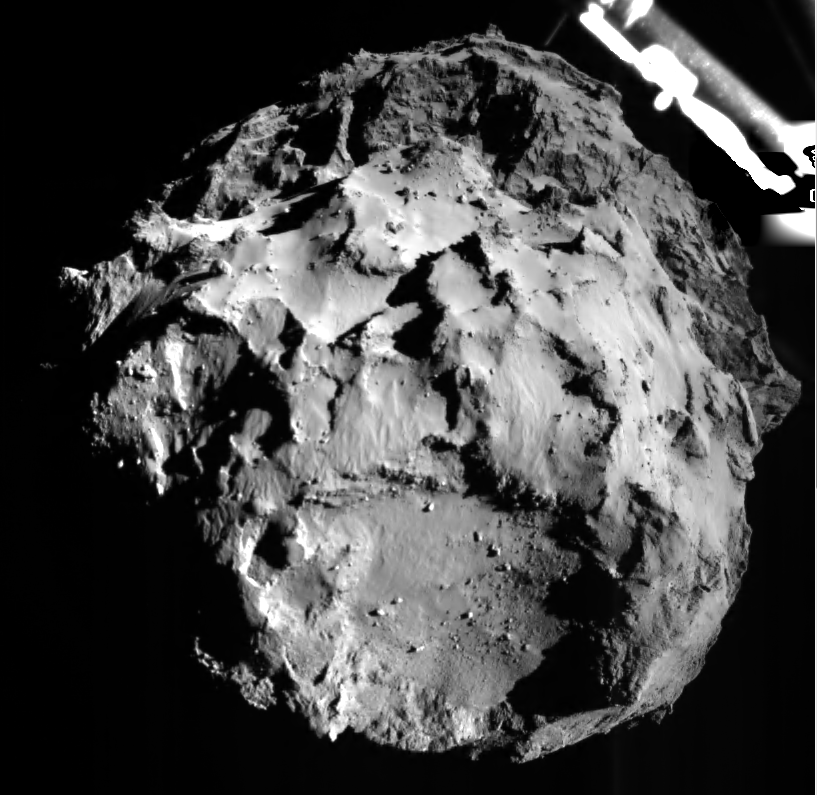 Philae ROLIS camera image acquired during descent on 12 November 2014 at 14:38:41 to Comet 67P/C-G from a distance of approximately 3 km from surface. Credits: ESA/Rosetta/Philae/ROLIS/DLR