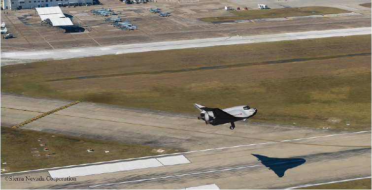 Artist's concept of Dream Chaser Landing at Ellington Airfield, Houston, Texas. The Dream Chaser vehicle can land at any suitable runway that is at least 8,000 feet long. Image Credit: SNC